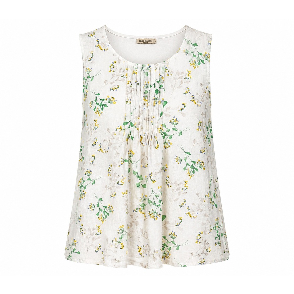 Laura Bianchi Italy Women's Linen Floral Sleeveless Blouse Top White Size Large